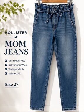 Hollister Paperbag Mom Jeans High Rise Drawstring Vintage Wash Sz 27
